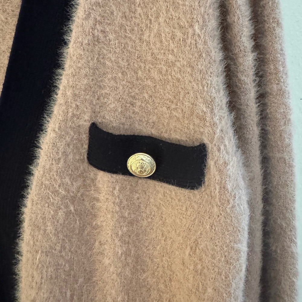 Lagence Women's camel and Black fuzzy Cardigan Sweater. - Picture 5 of 12